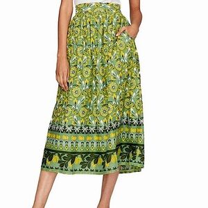 Roller Rabbit Skirt Green Print Cotton Midi Skirt Fully Lined with Pockets XS